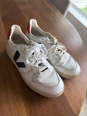 Veja White Sneakers with Navy V and Red Heel Accent